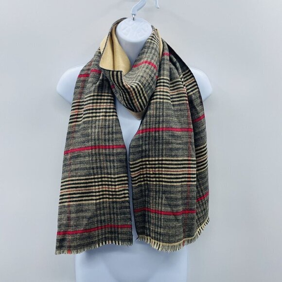 Top It Off Womens One Size Reversible Plaid & Solid Fringe Scarf Viscose 1390 - Picture 1 of 5